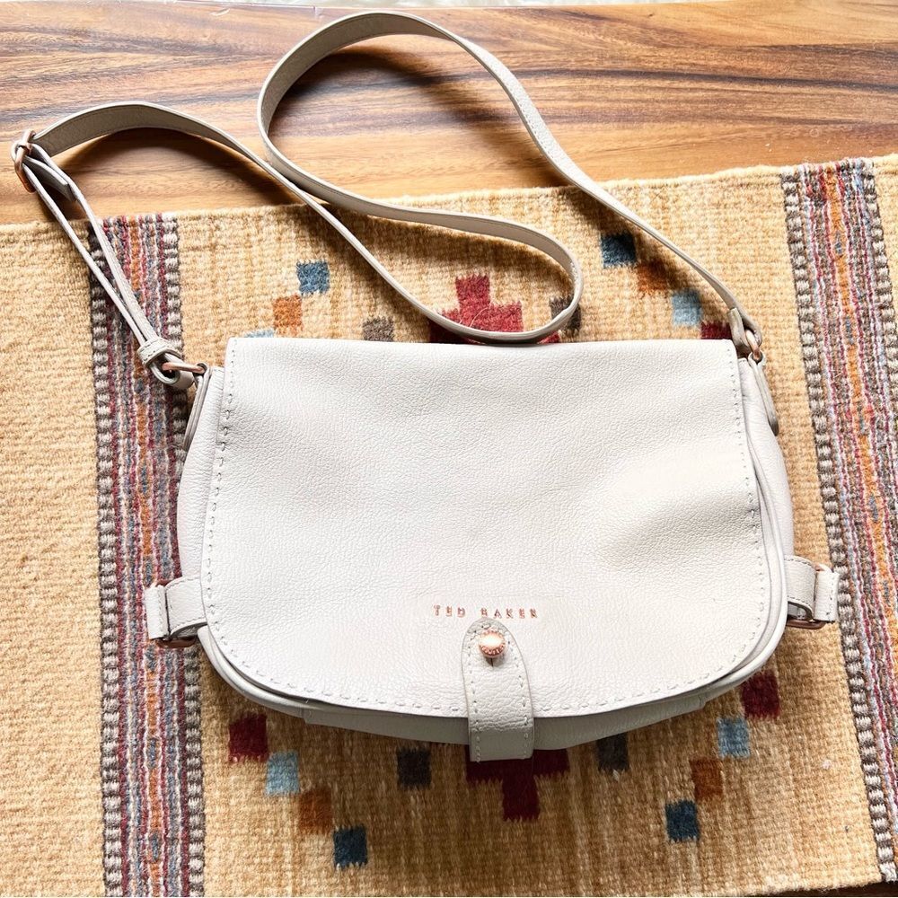 Ted Baker Leather Suede Cream Beige Crossbody Bag Saddle Half Crescent Purse